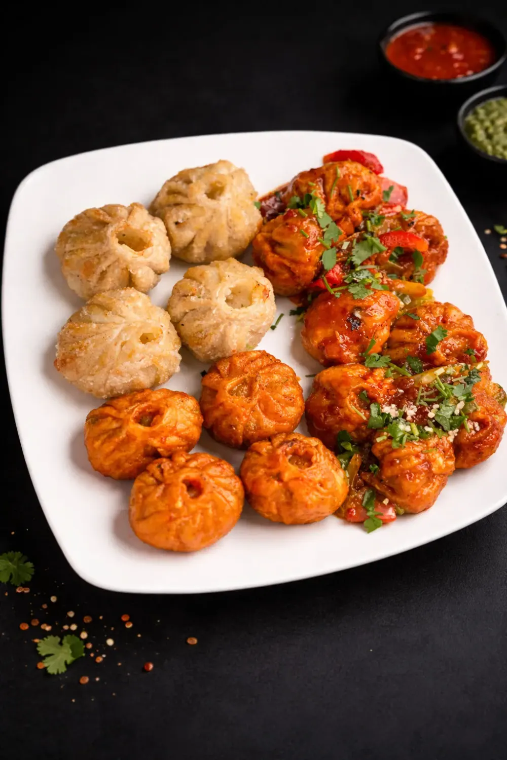 A platter of steamed momos with tomato achar